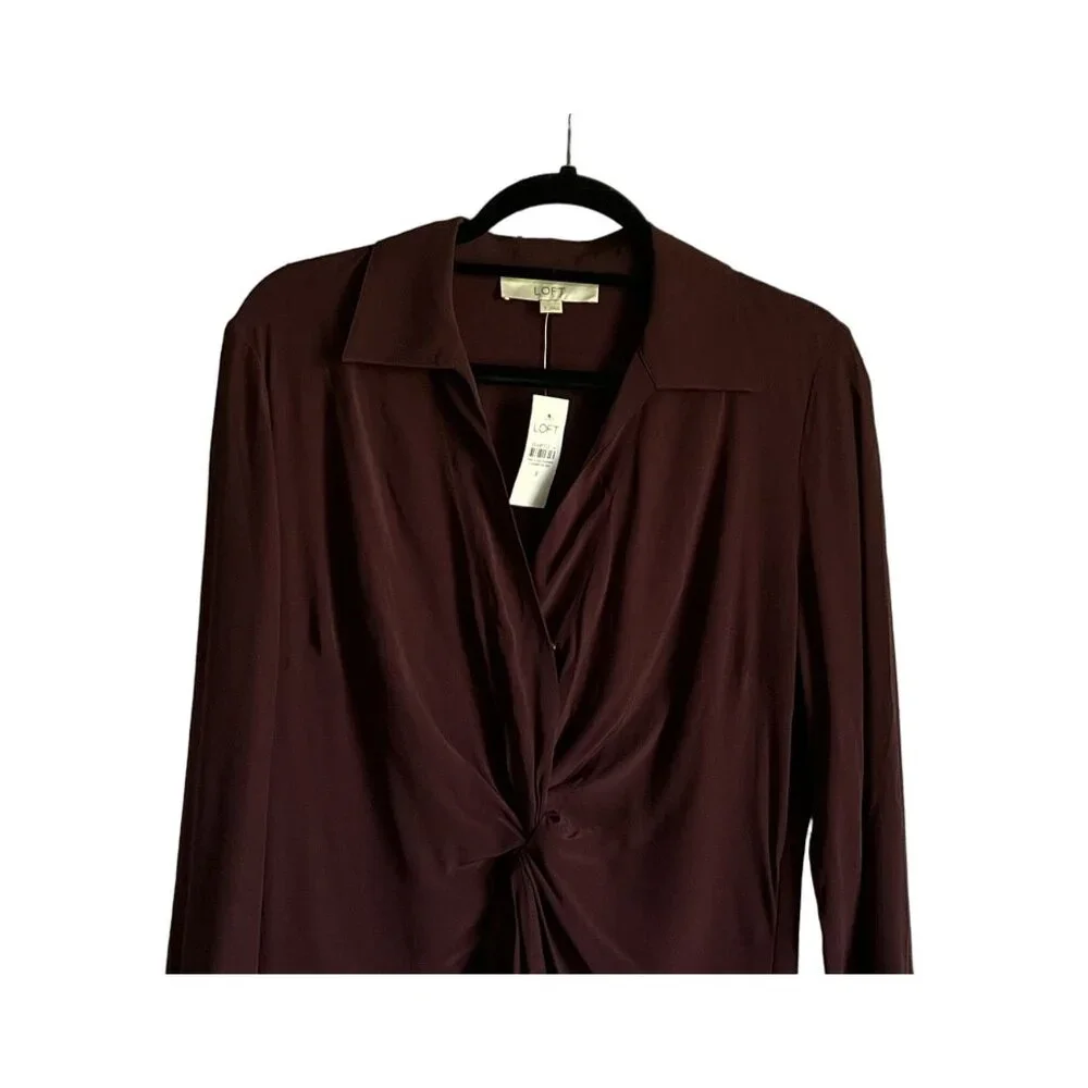 LOFT Womens Long Sleeve Shirt Dress 8 Burgundy Twist Front Detail Professional - Picture 2 of 6